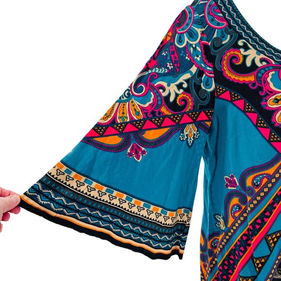 DeJaVu Teal Pink Ethnic Lightweight Colorful Festival Boho Summer Shift Dress L - Picture 5 of 13